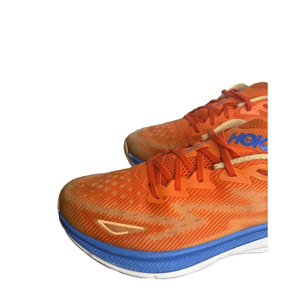 Hoka One One Clifton 9 Impala Orange Blue Mens Size 12.5 D Athletic Shoes